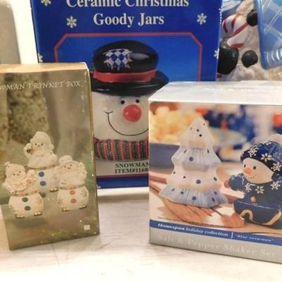 6337/140 Lot of 9 ~ Snowmen / Salt and Pepper / Trinket Box / Goody Jar / Bottle