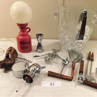 6337/51 Large Bar Lot ~ Crystal Champagne Bucket 9" H x 7" W / Gnarled Wood Corkscrew / 9.5" Bar Lamp / Musical Cork wine...
