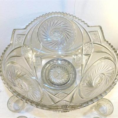6337/207 Vintage 1980's LE Smith Aztec Punch Bowl on Pedestal ~ 13" with Pedestal ~ 12 Cups and Glass Ladle