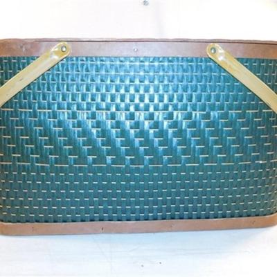 6337/224 Vintage 70's MCM Picnic Basket Hawkeye ~ By Burlington ~ Green and Brown Woven Basket