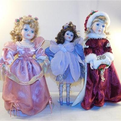 6337/228 Lot of 3 Porcelain Dolls ~ Pink / Red / Purple