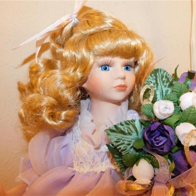 6337/229 Lot of 3 Porcelain Dolls ~ 15-19" Tall ~ Purple Dress and First Kiss Dolls