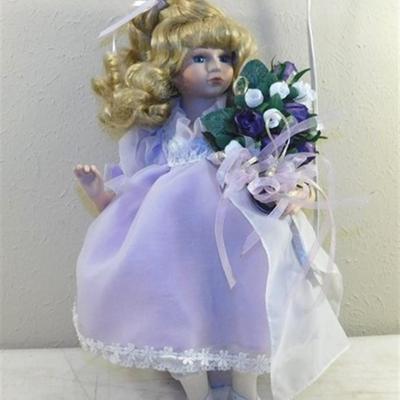 6337/229 Lot of 3 Porcelain Dolls ~ 15-19" Tall ~ Purple Dress and First Kiss Dolls
