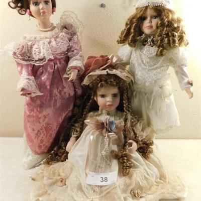 6337/38 Lot of 3 Porcelain Dolls Peach / Pink / White ~ 17" / 18" / 11 "