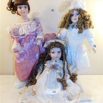 6337/38 Lot of 3 Porcelain Dolls Peach / Pink / White ~ 17" / 18" / 11 "