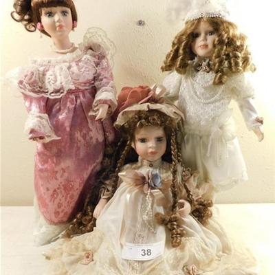 6337/38 Lot of 3 Porcelain Dolls Peach / Pink / White ~ 17" / 18" / 11 "