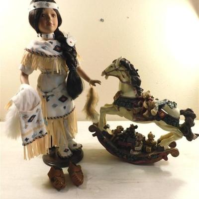6337/39 Lot of 2 ~ Porcelain 16" Indian Dolls / Rocking Carousel Horse