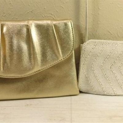 6337/248 Lot of 2 ~ Gold Clutch 9.5" x 6" / White Beaded Clutch 7.5" x 5.5"
