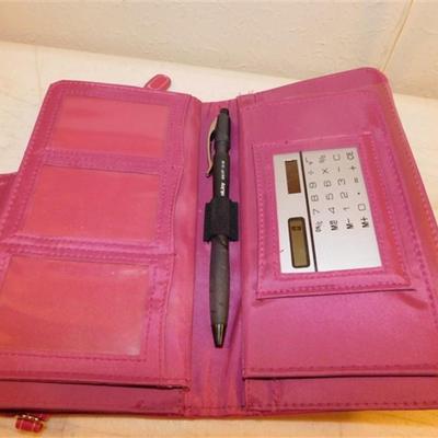 6337/249 Lot of 2 ~ Pink Wallet with Pen and Calculator / White Textured Wallet with Mirror 7" x 4"
