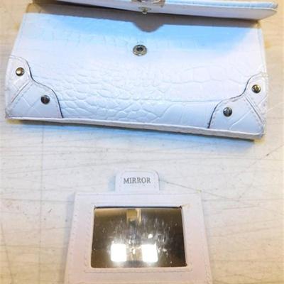 6337/249 Lot of 2 ~ Pink Wallet with Pen and Calculator / White Textured Wallet with Mirror 7" x 4"