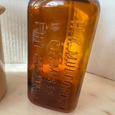 Jar has P marked on bottom with original top from Chemist in Philadelphia. Measuring 9” high x