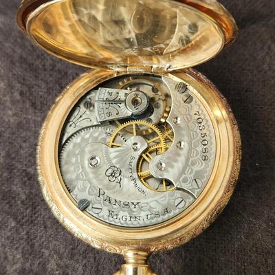 Vintage L & Co. Elgin Pansy Ladies Pocket Watch 24" Chain