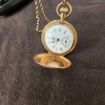 Vintage L & Co. Elgin Pansy Ladies Pocket Watch 24" Chain