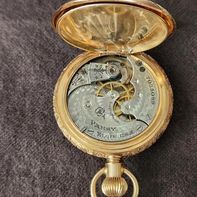 Vintage L & Co. Elgin Pansy Ladies Pocket Watch 24" Chain
