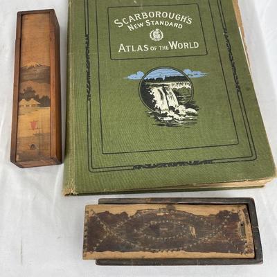 Scarborough’s World Atlas book & 2 pencil boxes