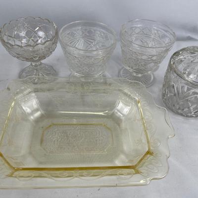 Towel, clear glass with yellow depression oval vegetable bowl