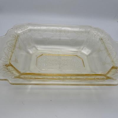 Towel, clear glass with yellow depression oval vegetable bowl