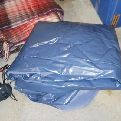 WOOL BLANKET, AIR MATTRESS W/INFLATOR AND CLIP ON FAN