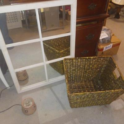 PANELED WALL MIRROR & LARGE WICKER BASKET