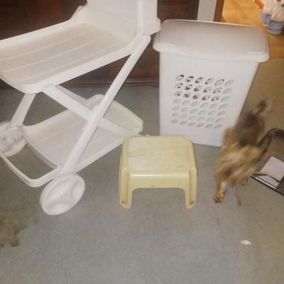 2 TIER CART, LAUNDRY BASKET AND STEP STOOL