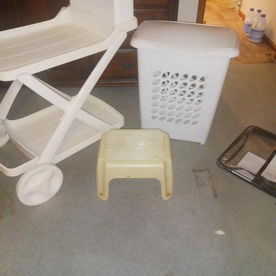 2 TIER CART, LAUNDRY BASKET AND STEP STOOL