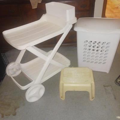2 TIER CART, LAUNDRY BASKET AND STEP STOOL