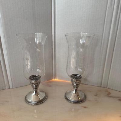 825 Pair of Silver Candlesticks with Glass Etched Globes