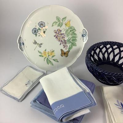 263 Lenox Cake Plate, Blue Lattice Bowl, Shoe Salt & Pepper Shakers & Table Linens