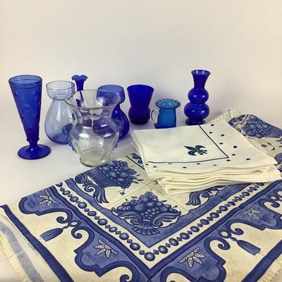 270 Gerard Panton Paris Table Cloth, French Table Linens & Blue Glass Vases Lot