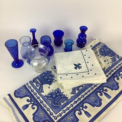 270 Gerard Panton Paris Table Cloth, French Table Linens & Blue Glass Vases Lot