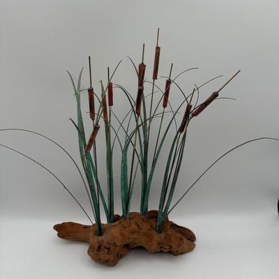 Metal and Wood Cattail Sculpture