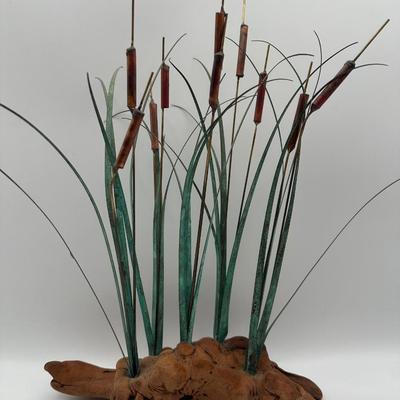 Metal and Wood Cattail Sculpture