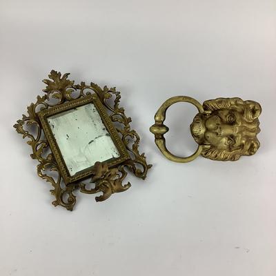 286 Antique Brass Lion Head Door Knocker & Antique Small Brass Framed Mirror