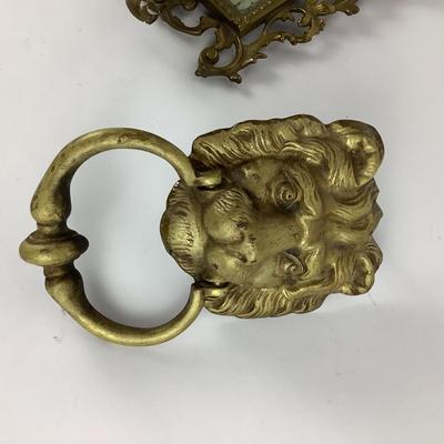 286 Antique Brass Lion Head Door Knocker & Antique Small Brass Framed Mirror
