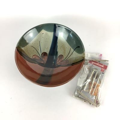 Sale Photo Thumbnail #1010: Center piece bowl is brown, maroon, grey and black in color, measures: 13" diameter x 4" high