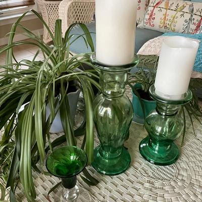 305 Green Glass Candlesticks With Plants & Pots