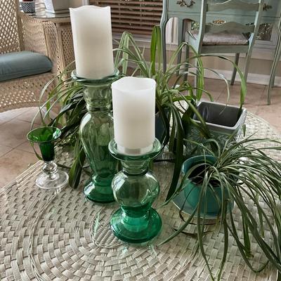 305 Green Glass Candlesticks With Plants & Pots