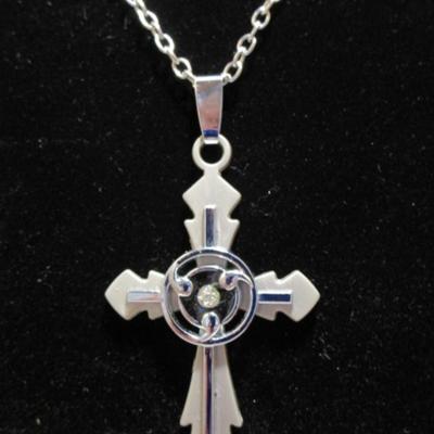 Cross (2" x 1-1/4) with a clear stone in the middle and with 19" chain