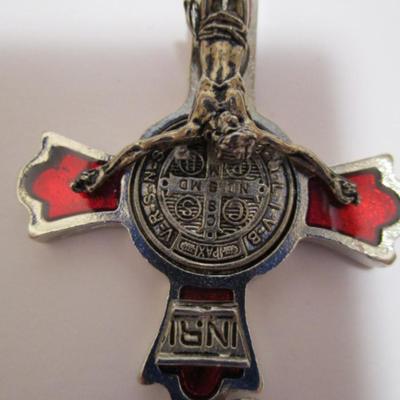 One cross silver & blue (2" x 1-1/4"), one red & silver crucifix (3" x 1-3/4")