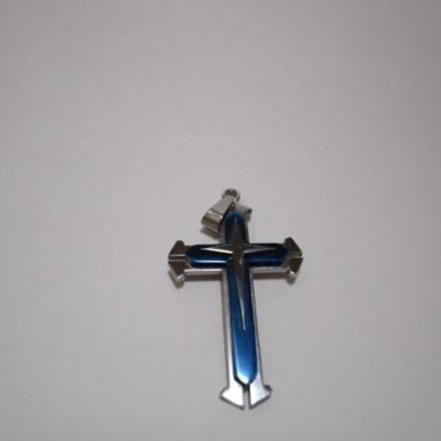 One cross silver & blue (2" x 1-1/4"), one red & silver crucifix (3" x 1-3/4")