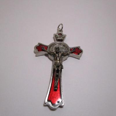 One cross silver & blue (2" x 1-1/4"), one red & silver crucifix (3" x 1-3/4")