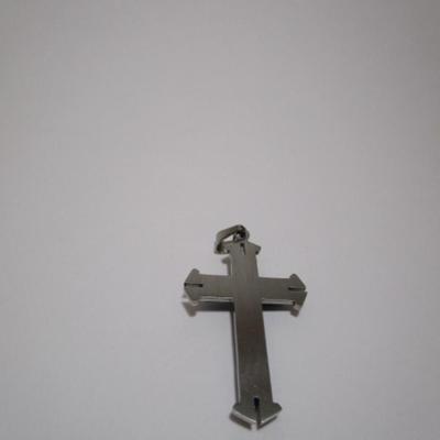 One cross silver & blue (2" x 1-1/4"), one red & silver crucifix (3" x 1-3/4")