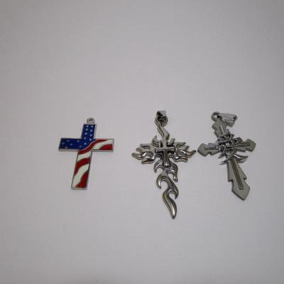3 crosses, one with American flag (1-1/2" x 1-1/8"), one cross with fire (2-1/8" x 1-1/4"), one cross with small...