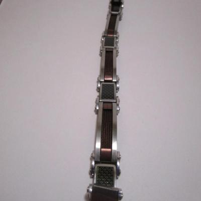 Stainless steel/carbon fiber 8-1/4" bracelet, brown & brushed silver