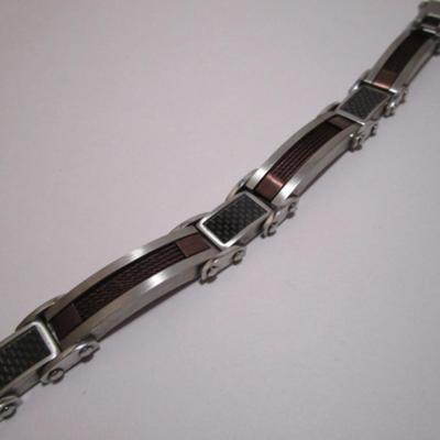 Stainless steel/carbon fiber 8-1/4" bracelet, brown & brushed silver
