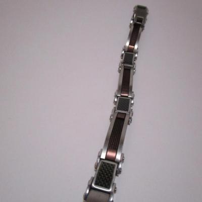 Stainless steel/carbon fiber 8-1/4" bracelet, brown & brushed silver