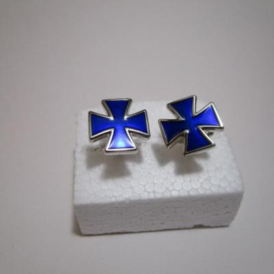 Blue enamel cuff links iron cross (3/4" x 3/4")