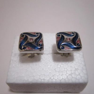 Square cufflinks (5/8"), silver, blue & copper