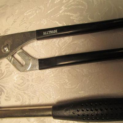 Hammer, channel lock pliers, 2 crescent wrenches, crowbar