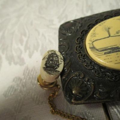 Oden belt buckle with whale, tie tack with ship, both faux scrimshaw